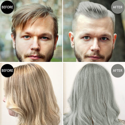 Washable gray hair styling clay being rubbed between palms for easy event application