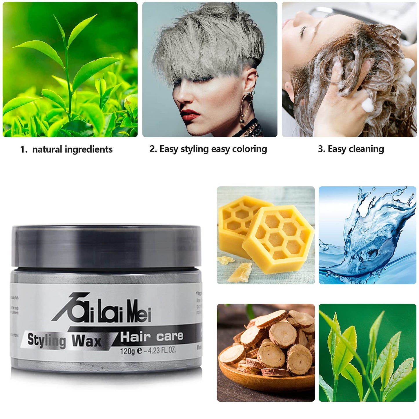 Back label of TailaiMei gray hair wax displaying usage instructions and natural plant extracts