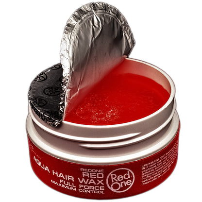 Imported Redone maximum control hair wax open tub revealing red gel.