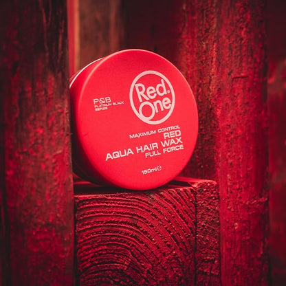 Red One full force aqua wax container side details and volume information.