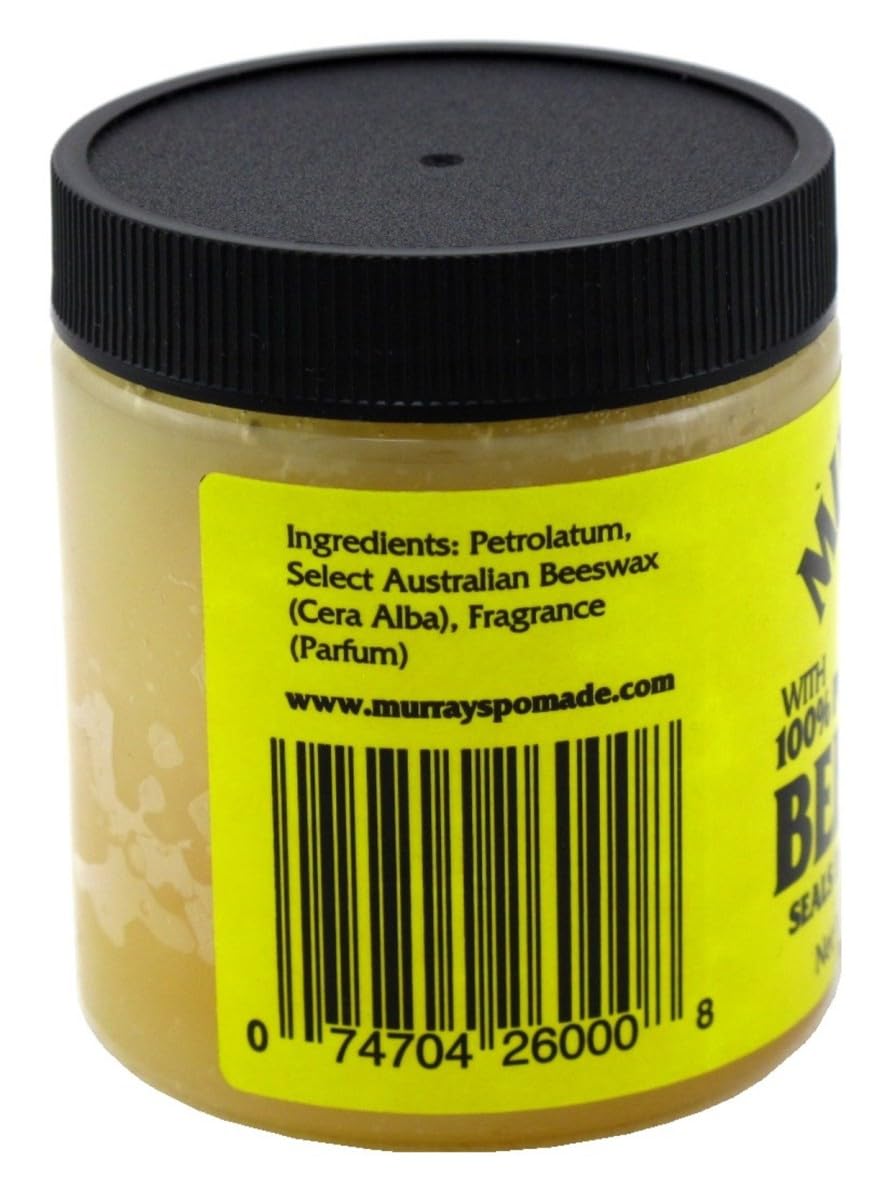 Close up of Murray's pure beeswax jar packaging emphasizing imported ingredients and conditioning features.