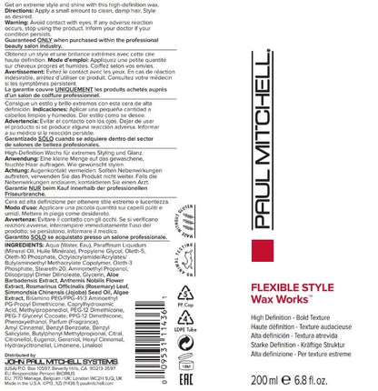 Paul Mitchell Wax Works 6.8 fluid ounce tube showing complete application instructions