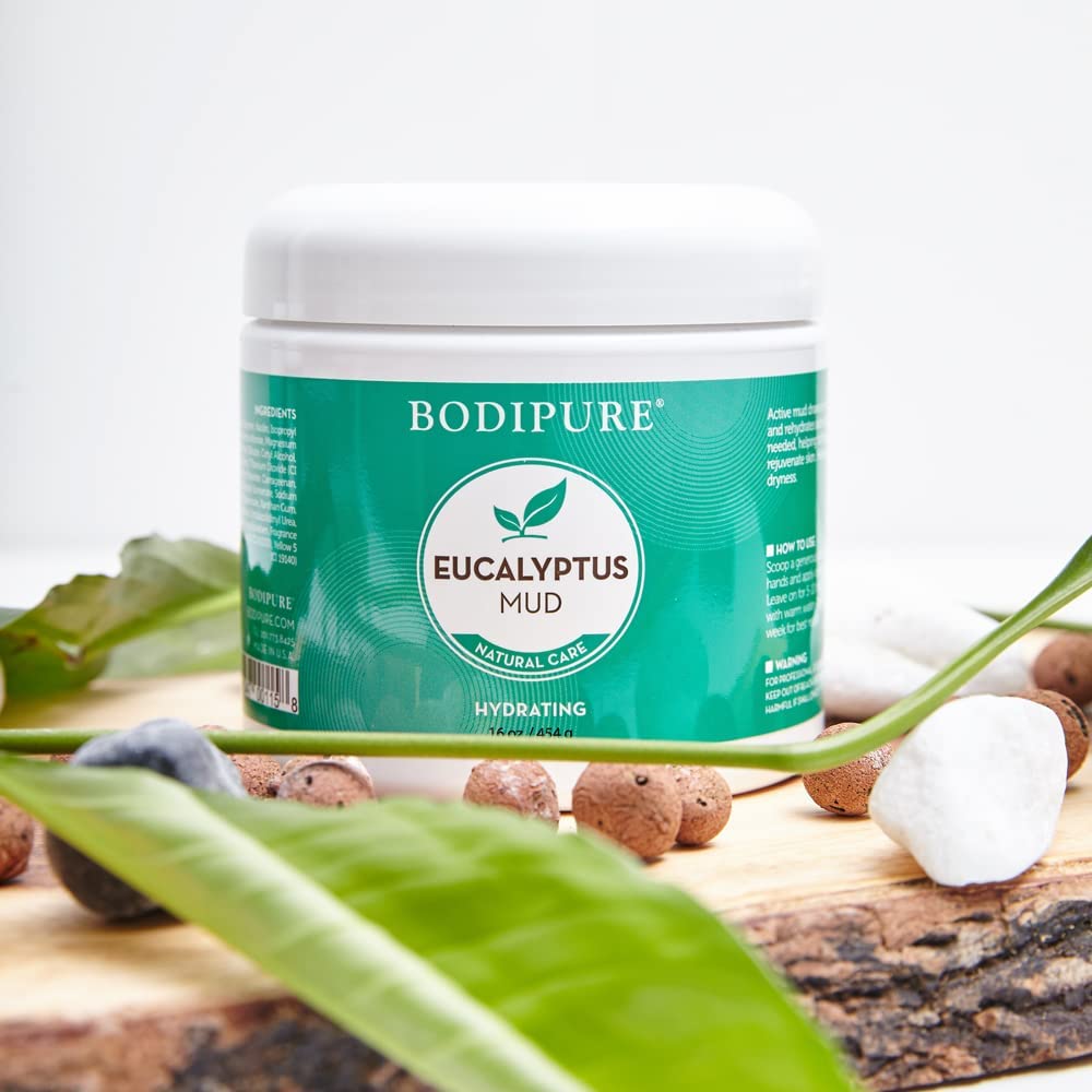 Authentic Bodipure cooling body mud pack container with eucalyptus and active mud details