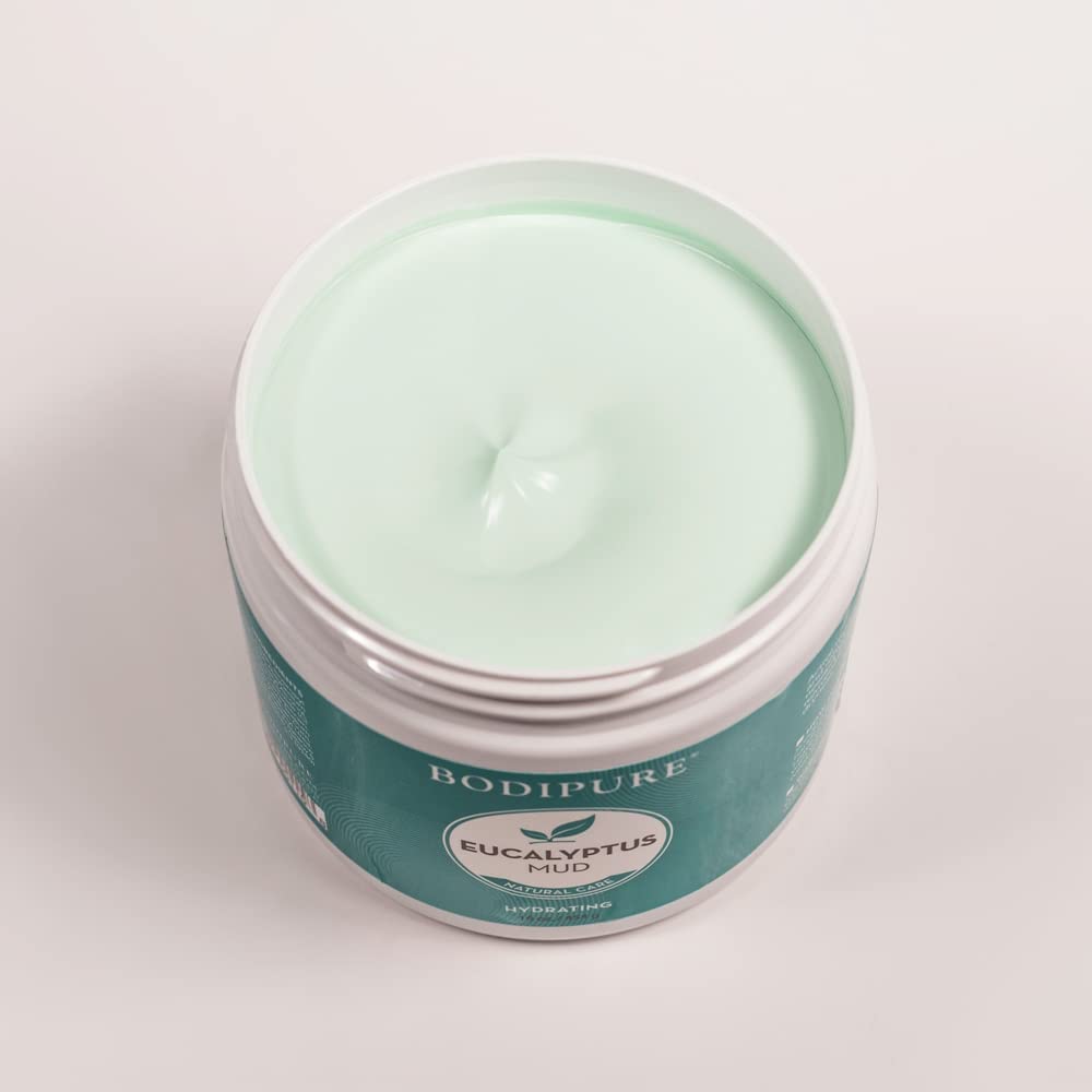 Imported USA skin firming and rehydrating eucalyptus body mask jar on a clean background
