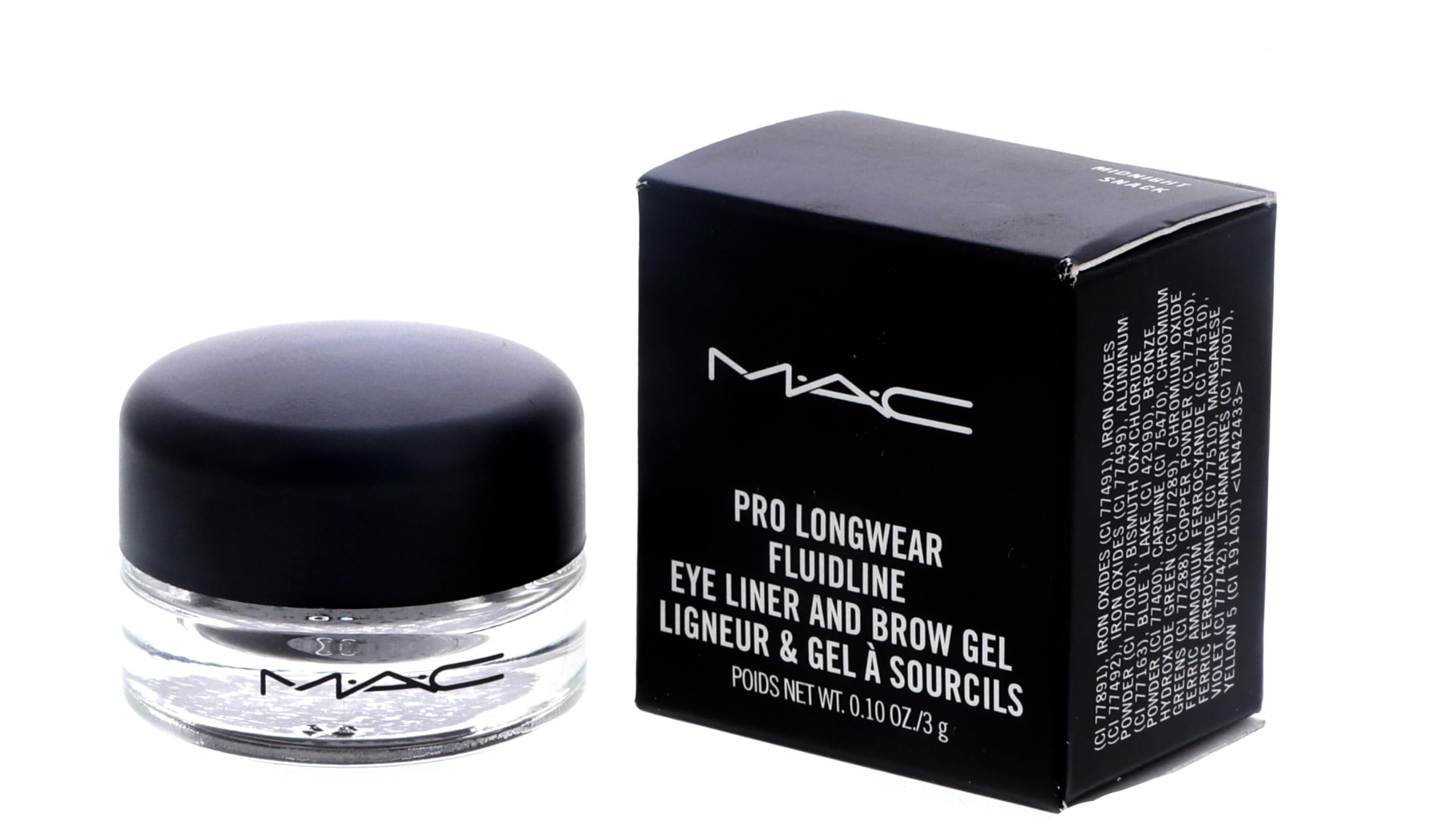 Waterproof MAC Fluidline gel eyeliner and brow gel pot alongside premium outer box packaging