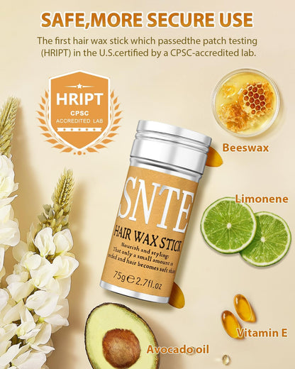 Person using SNTE hair wax stick for a sleek bun