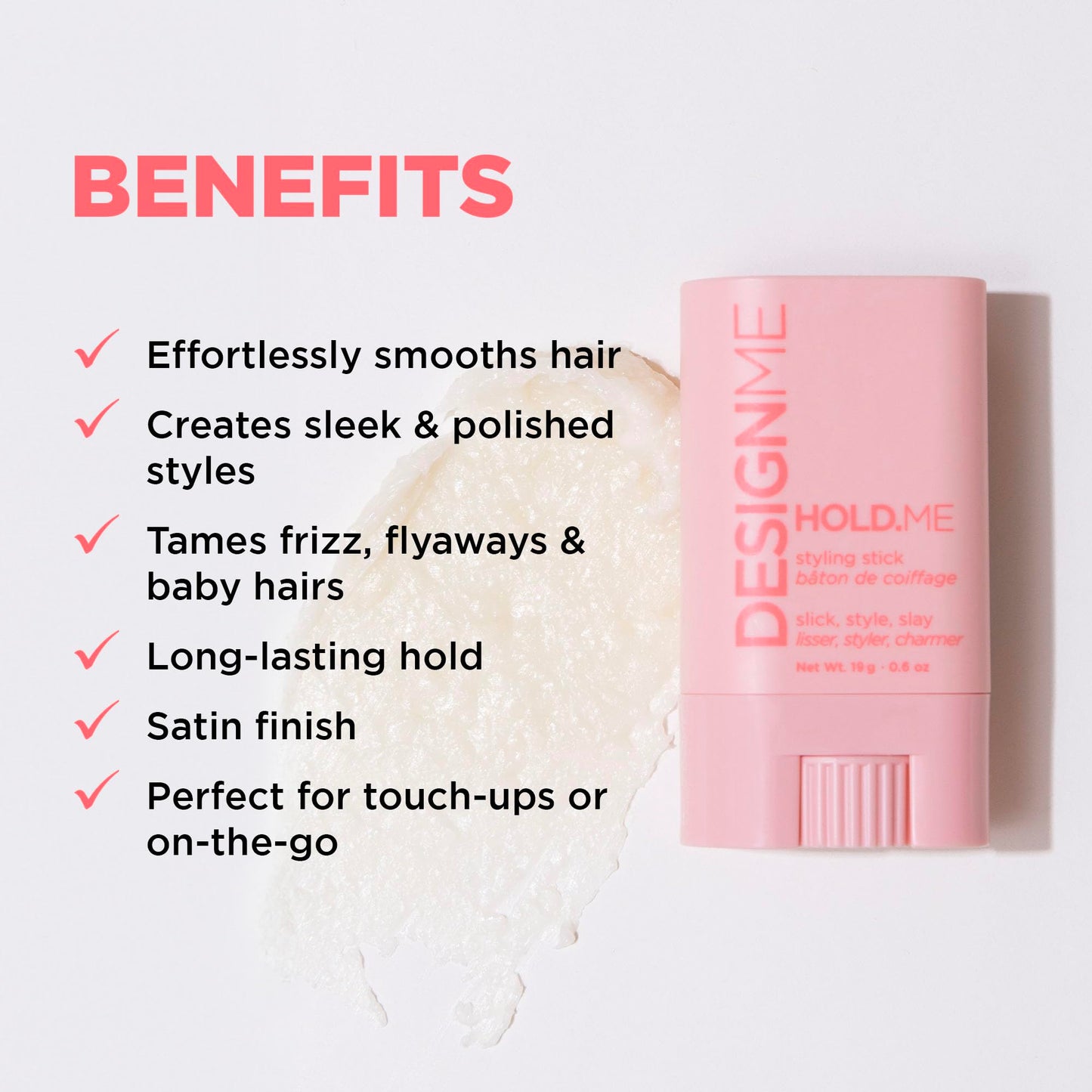 Design.Me vegan hair styling stick side view showing product details.