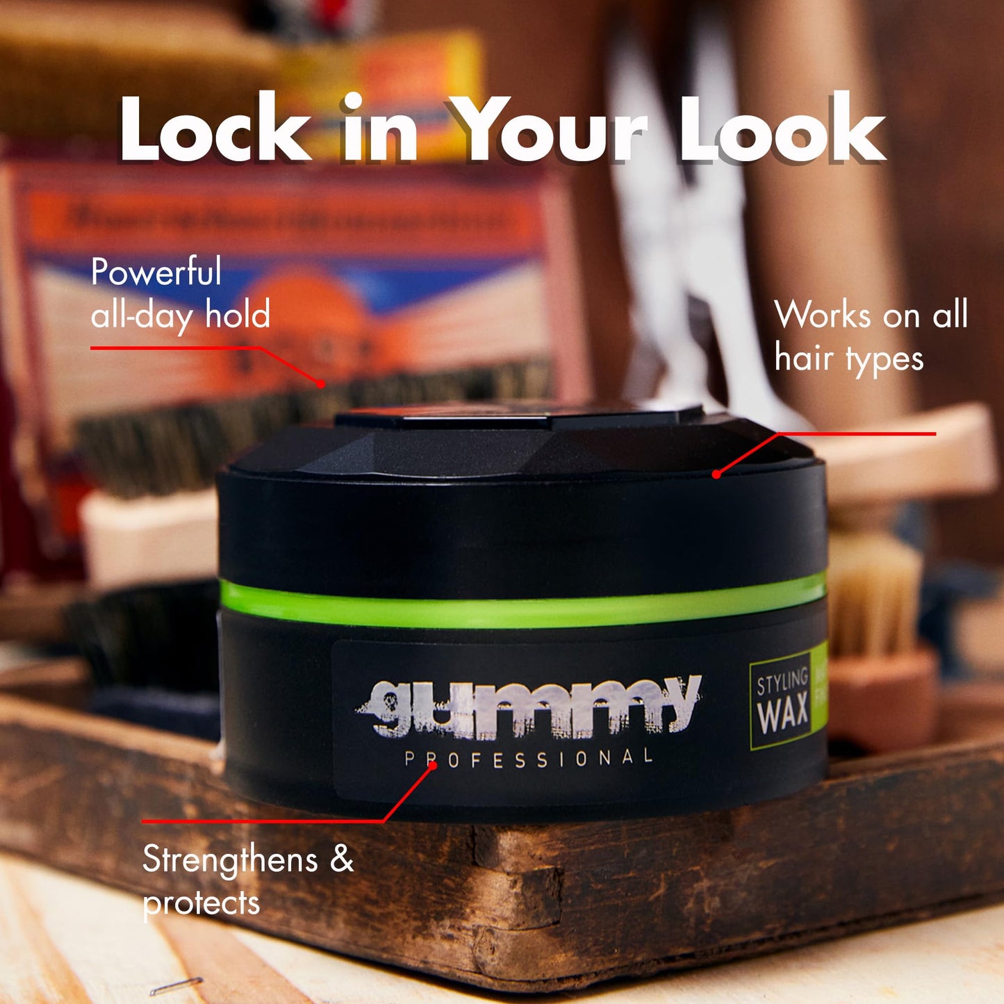 Side view of Gummy professional hair styling wax packaging highlighting the 150ml volume and usage directions.