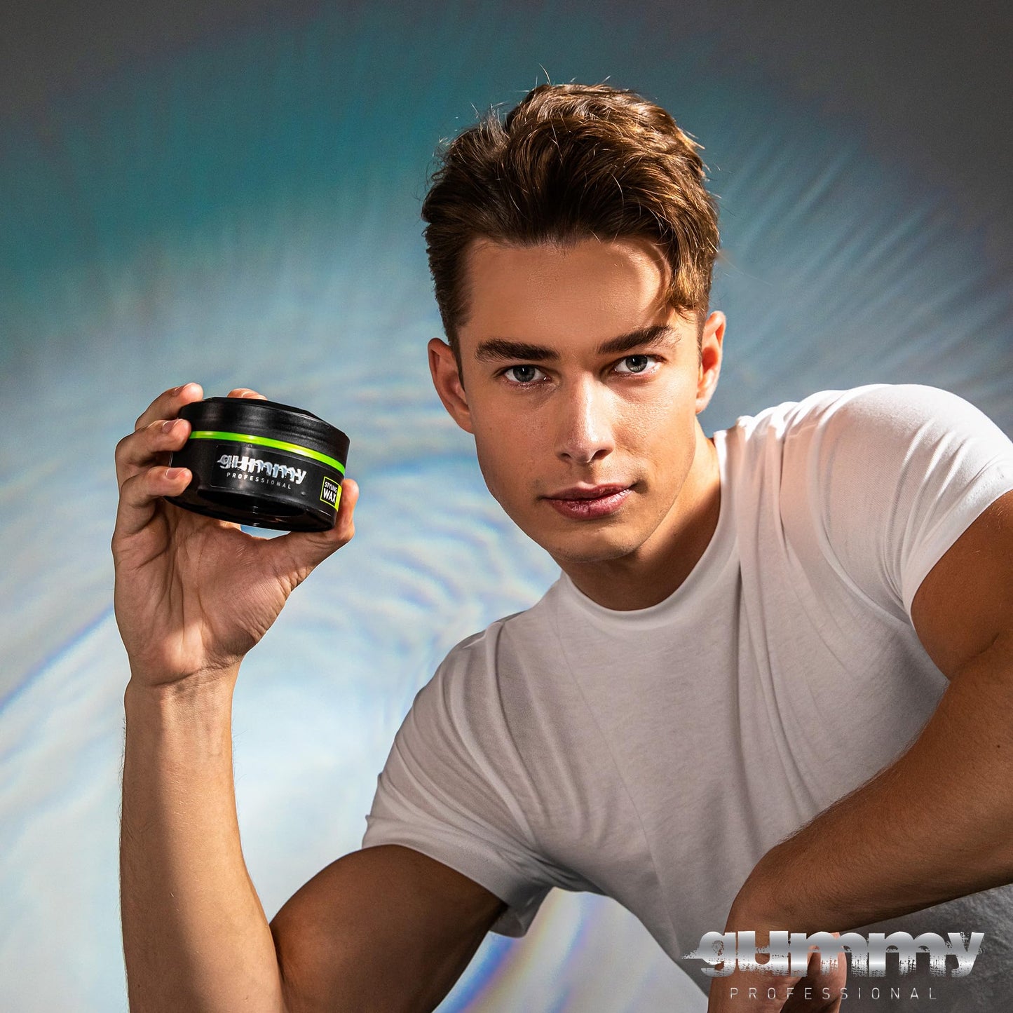 Gummy matte hair styling wax jar emphasizing its long-lasting flexible hold properties.