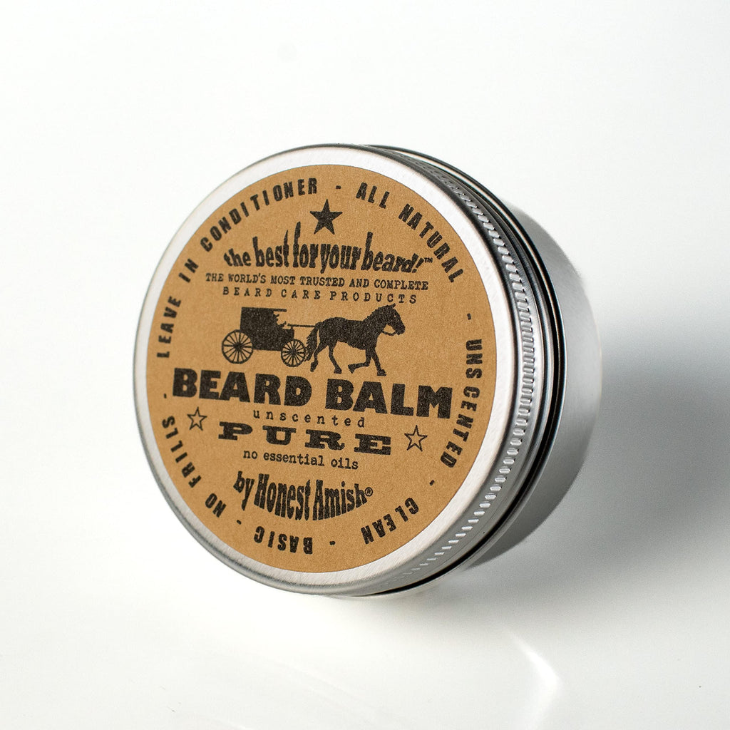 All natural unscented leave in beard conditioner tin showing product labels and benefits.
