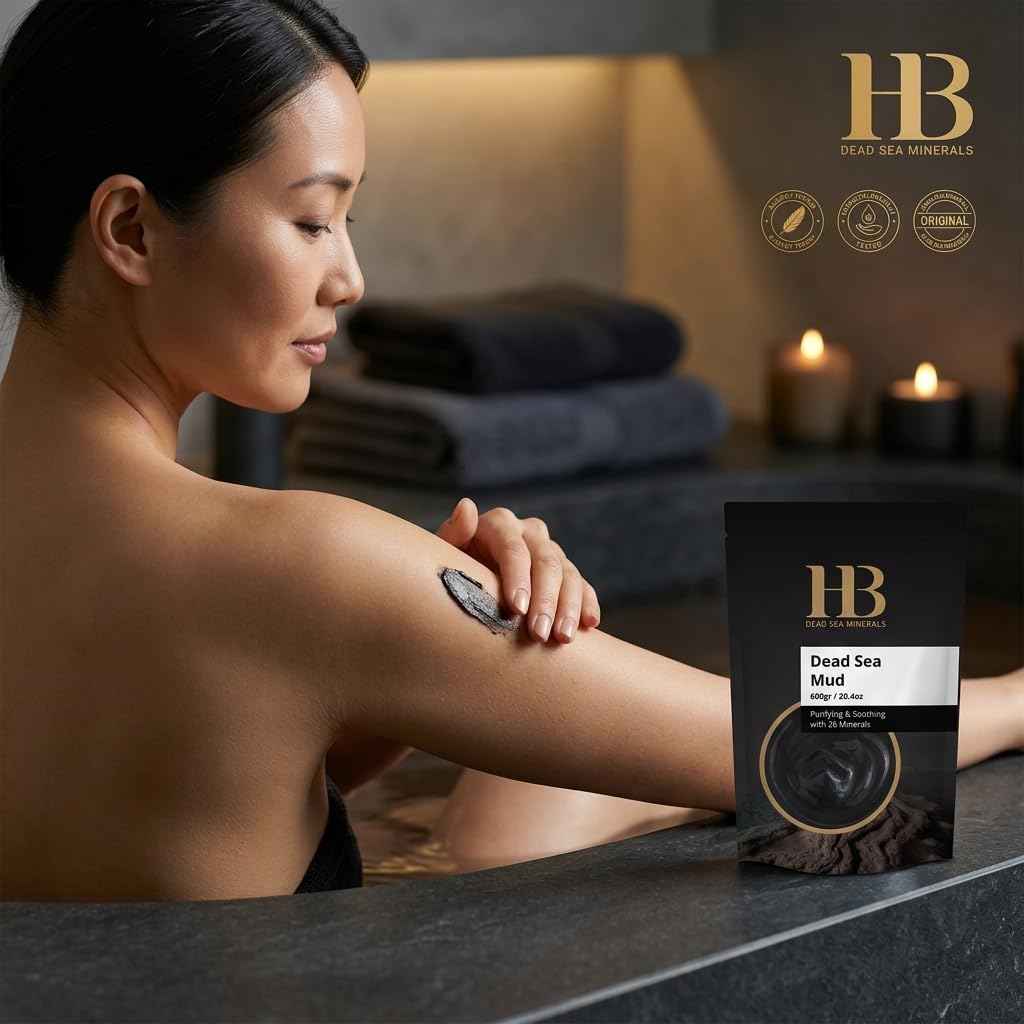 H And B Dead Sea Mud facial mask application demonstrating deep pore cleansing clay.