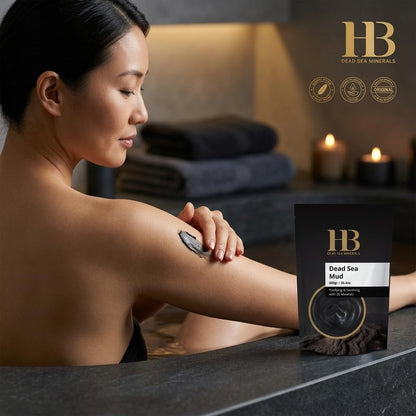 H And B Dead Sea Mud facial mask application demonstrating deep pore cleansing clay.