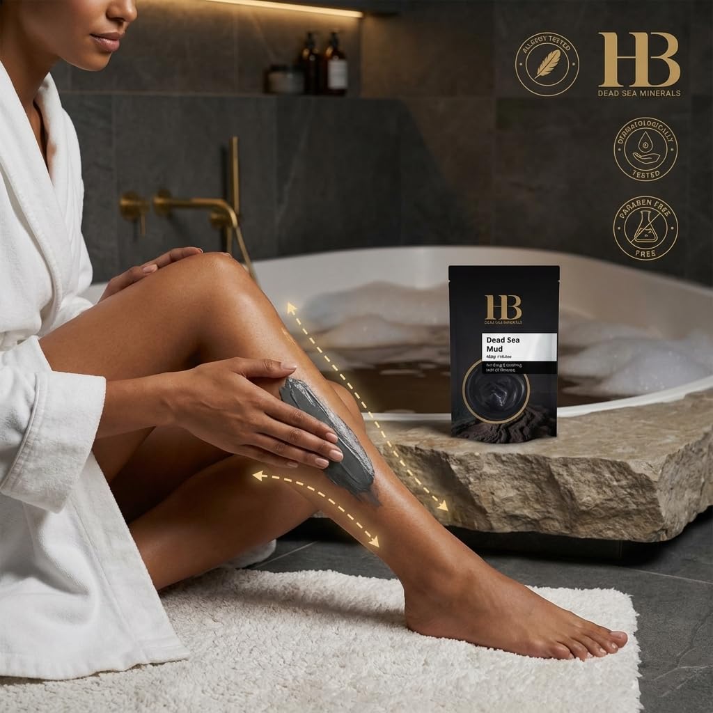 Back label of H And B Dead Sea Mud pouch detailing ingredients and usage instructions.