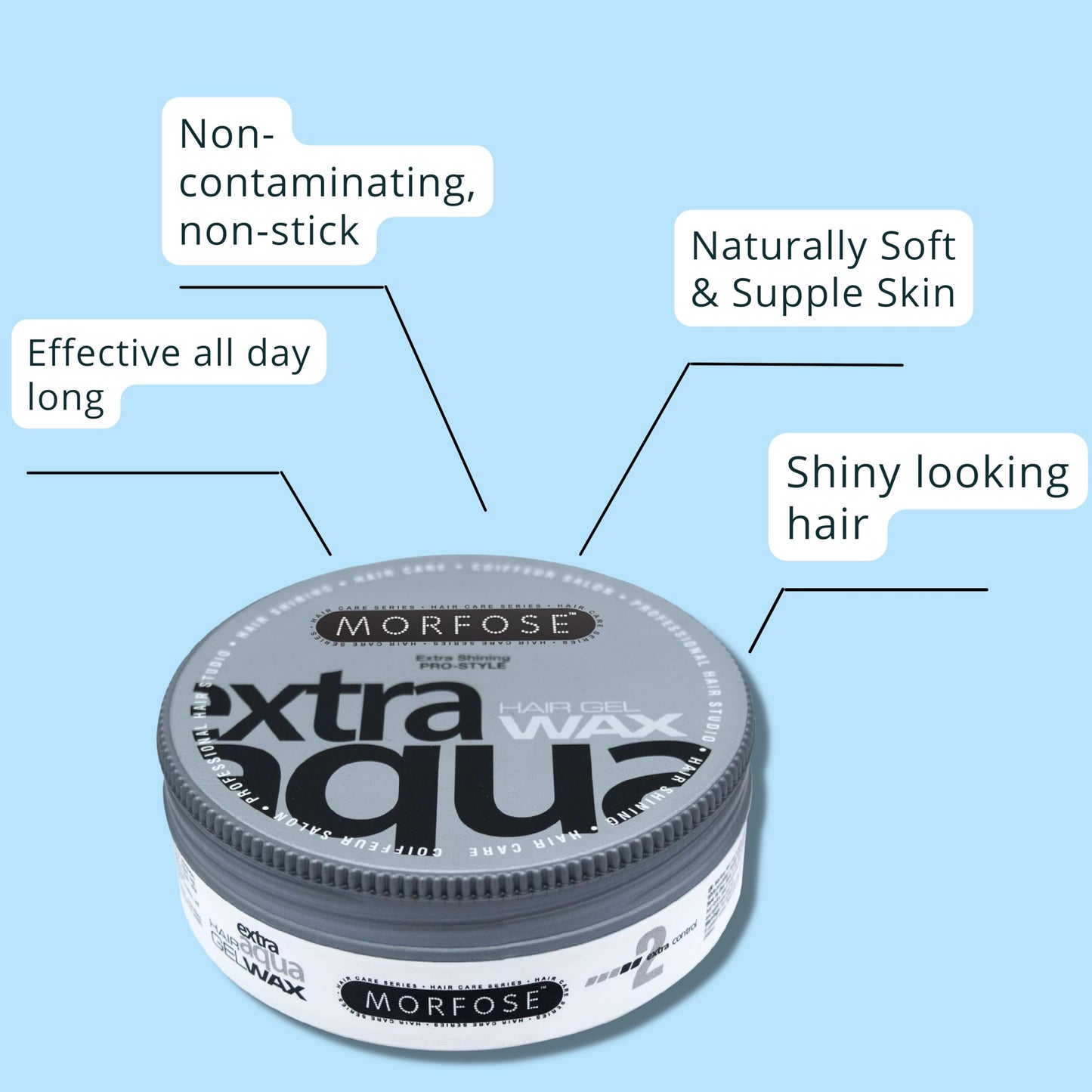Morfose blue professional hair gel wax side view displaying size specifications.