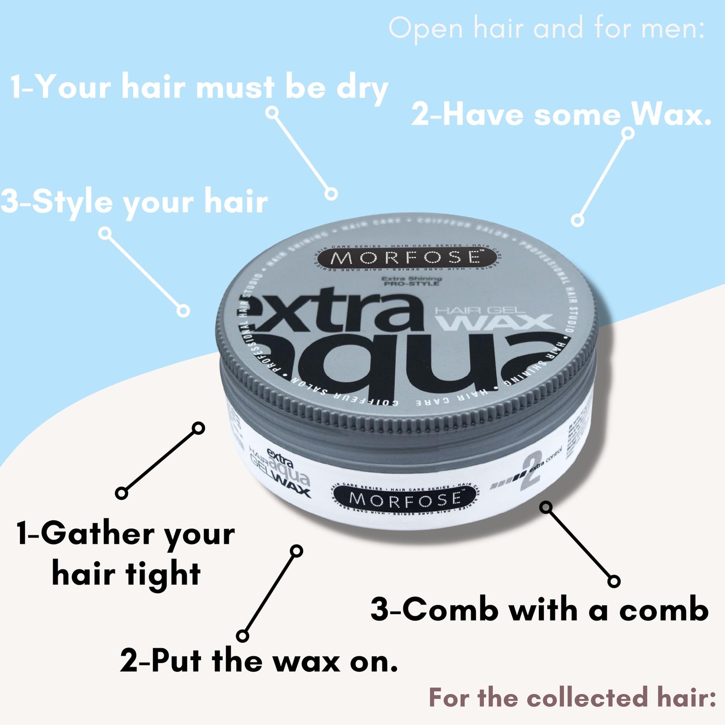 Morfose aqua hair wax container showing ingredients and usage instructions.