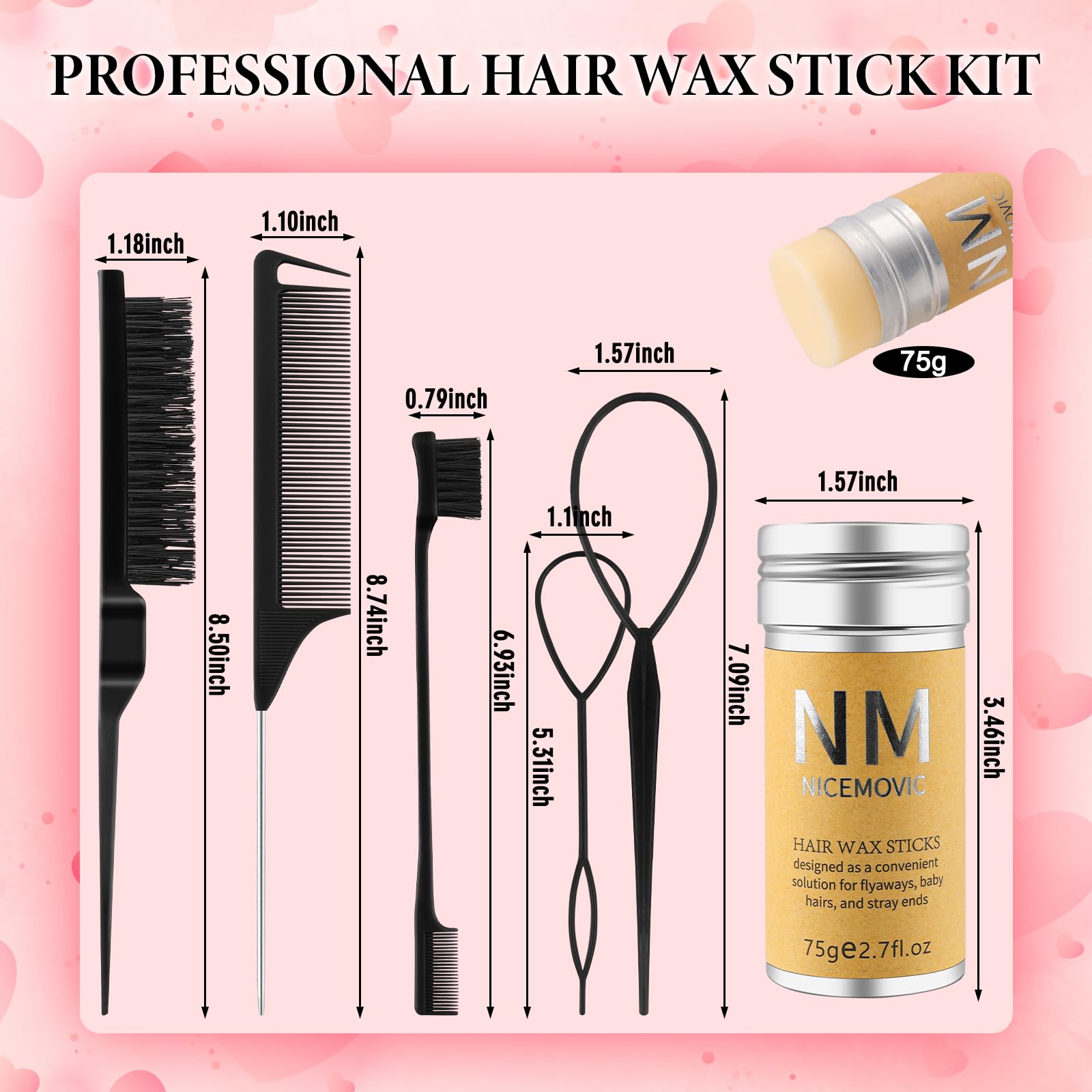 NICEMOVIC flyaway control kit with edge brush and rat tail comb