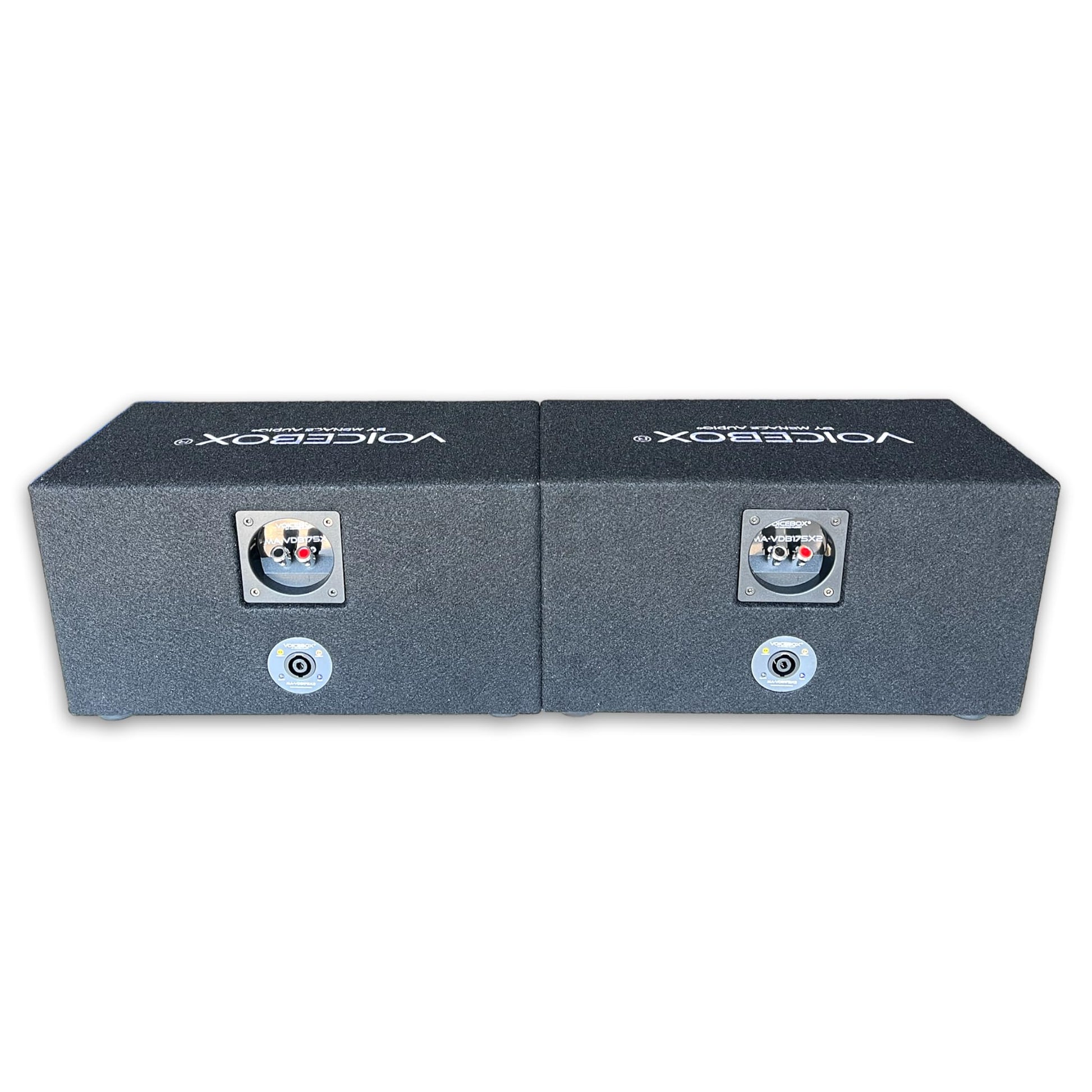 Menace Audio four hole speaker box angled view emphasizing the premium engineered wood construction
