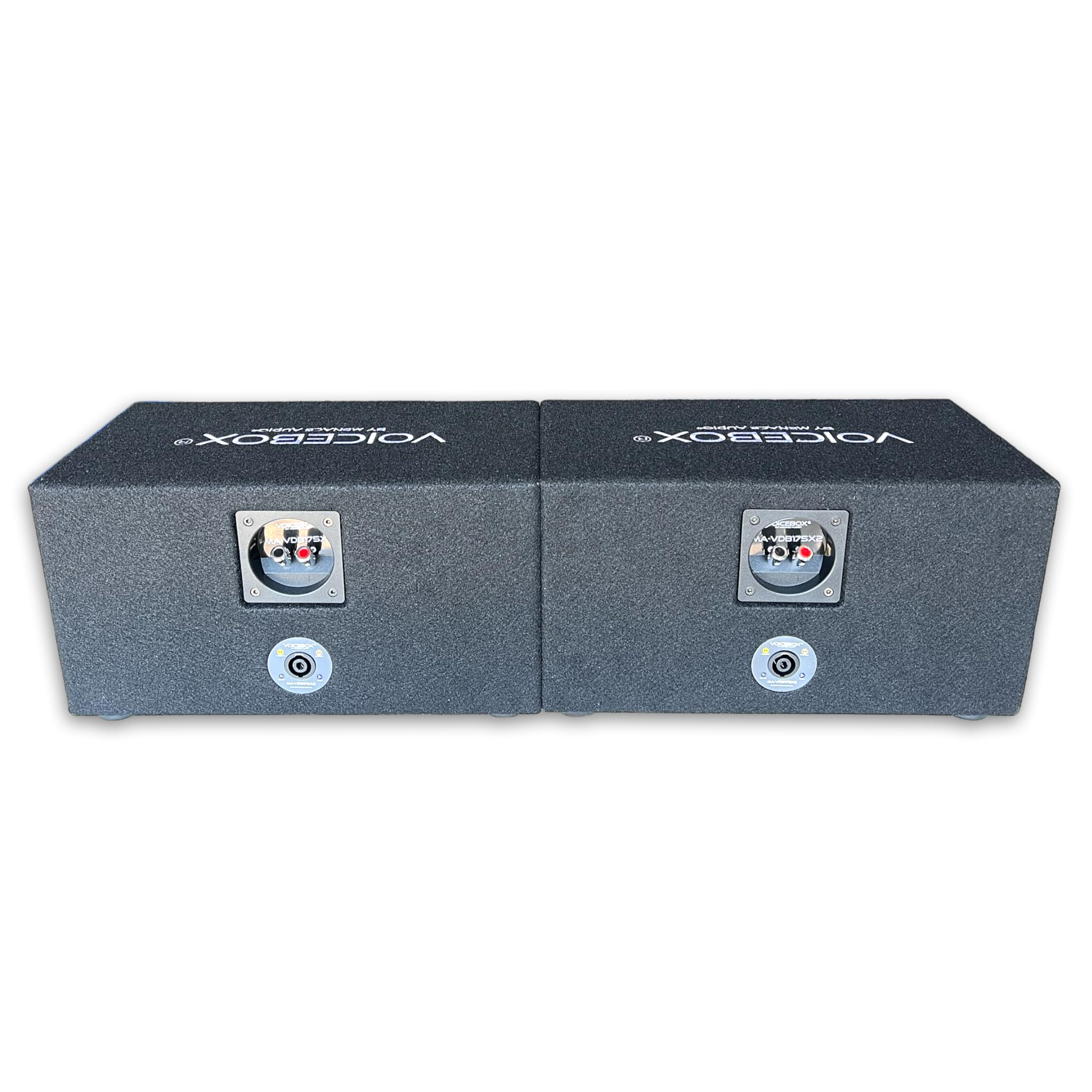 Menace Audio four hole speaker box angled view emphasizing the premium engineered wood construction