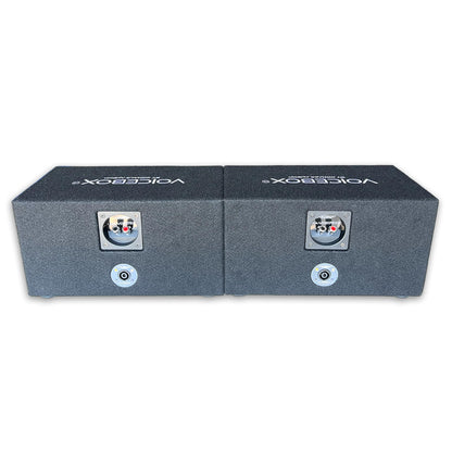 Menace Audio four hole speaker box angled view emphasizing the premium engineered wood construction