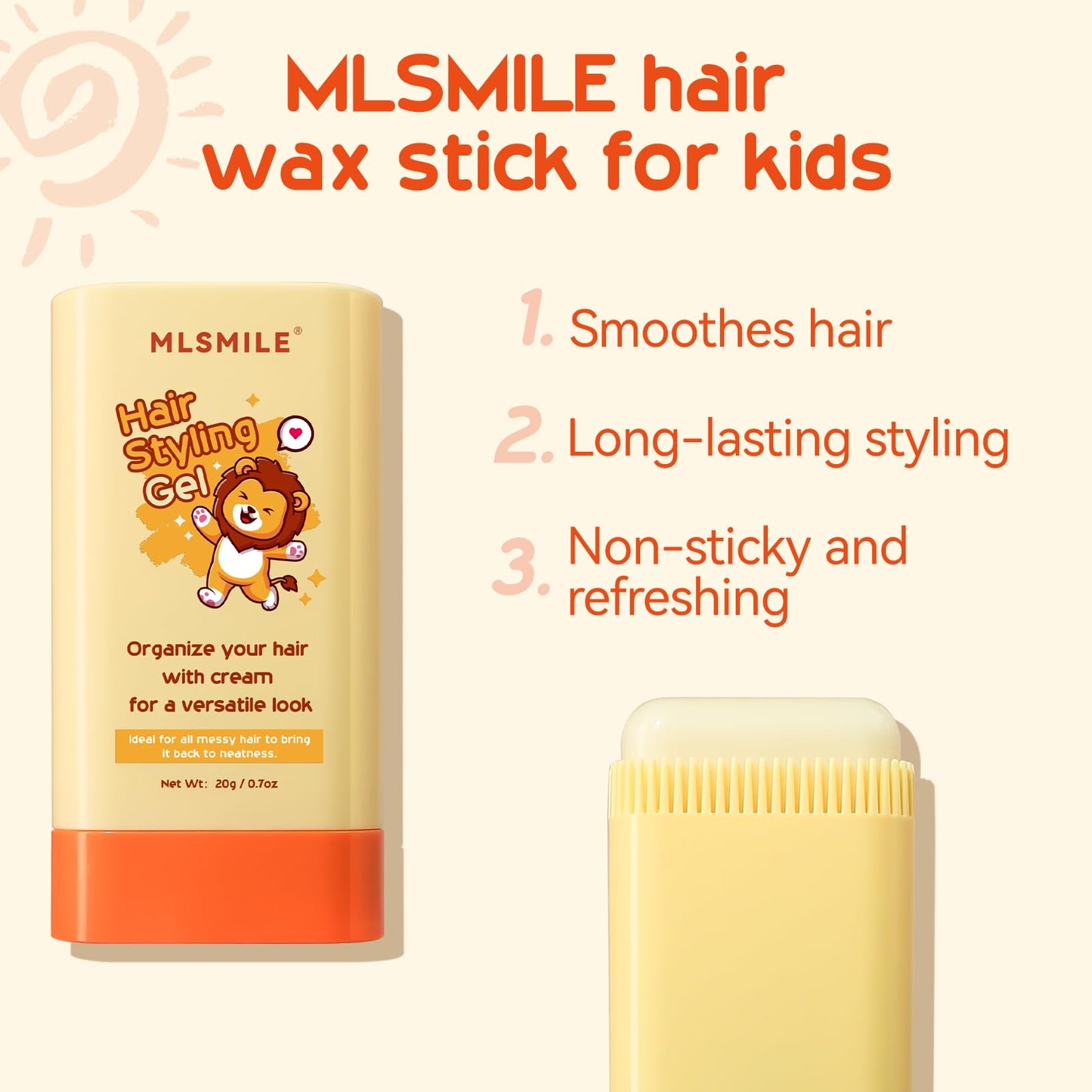 Compact MLSMILE non-greasy hair wax stick packaging highlighting the 20g net weight