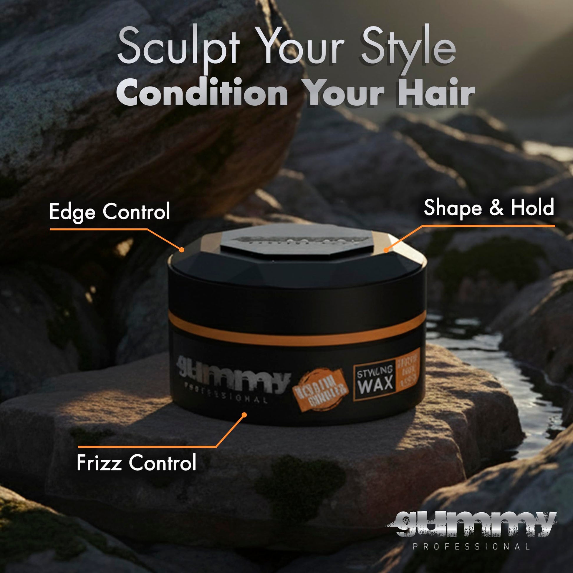 Gummy professional bright finish pomade for slick back hairstyles.