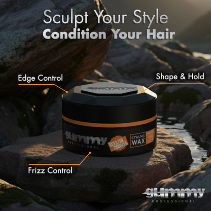 Gummy professional bright finish pomade for slick back hairstyles.