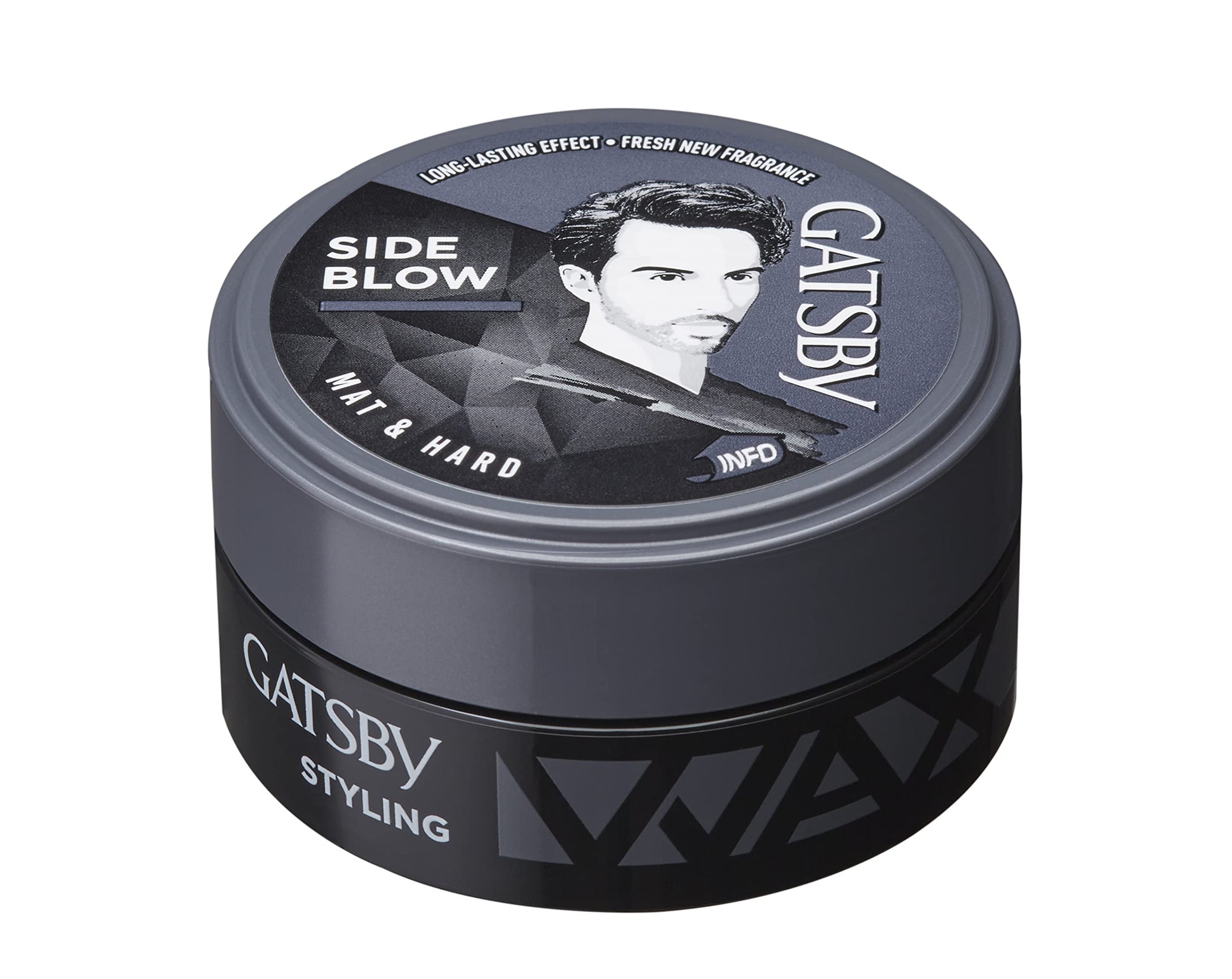 Side view of Gatsby Mat and Hard styling wax tub highlighting texturizing volume features.