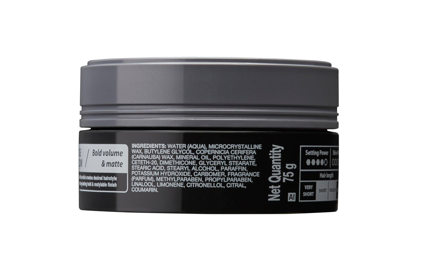 Gatsby side blow styling wax back label showing product details and application instructions.