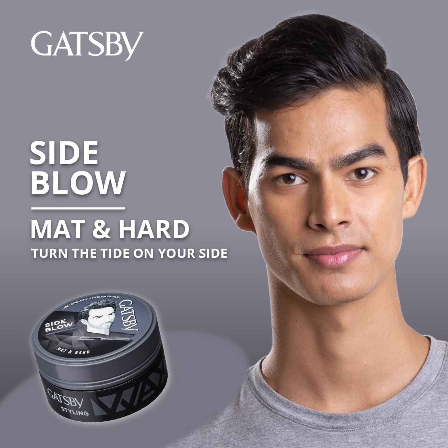 Authentic Gatsby 75 grams gray matte hair wax canister for creating voluminous quiff hairstyles.