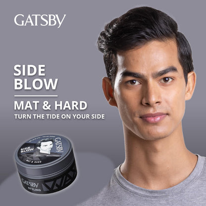 Authentic Gatsby 75 grams gray matte hair wax canister for creating voluminous quiff hairstyles.