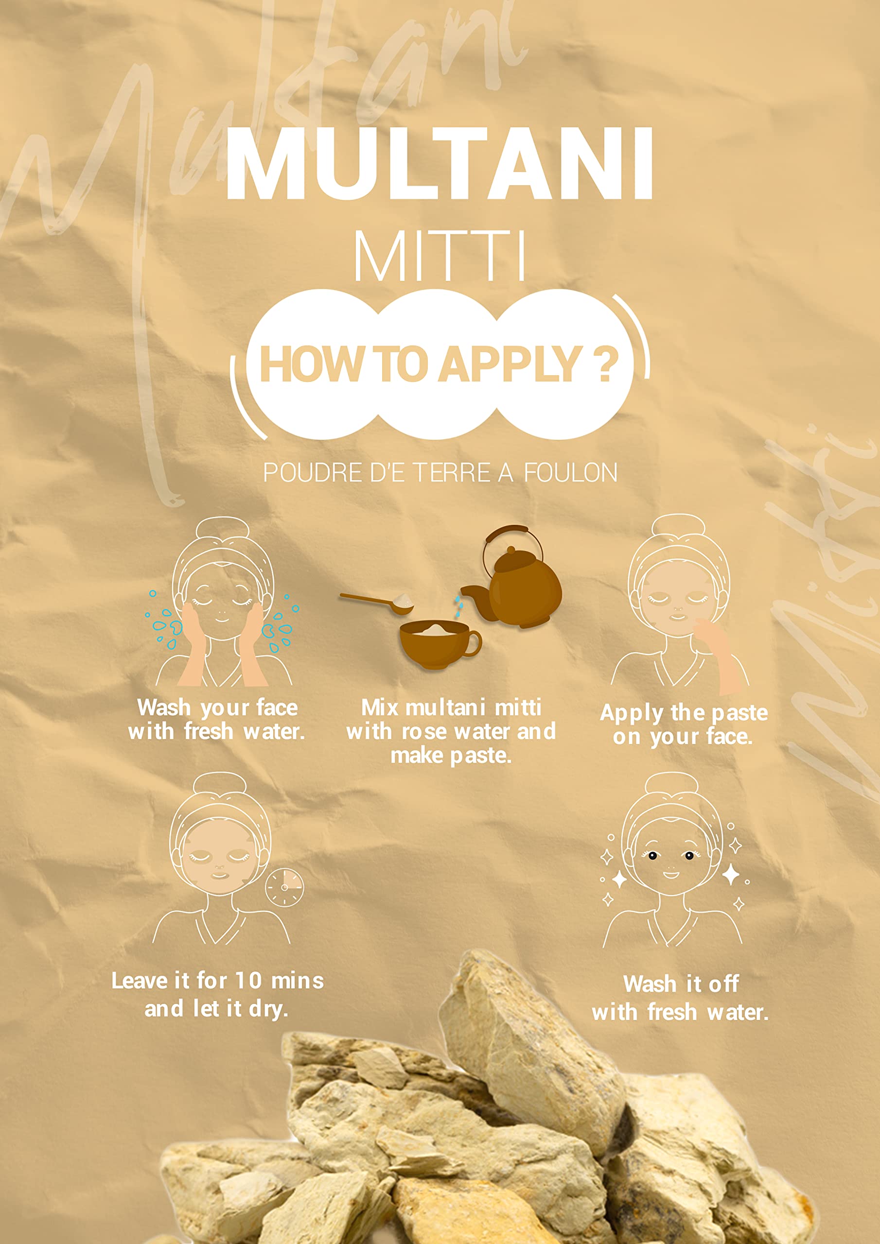 She Made pure natural Multani Mitti clay back label with usage instructions