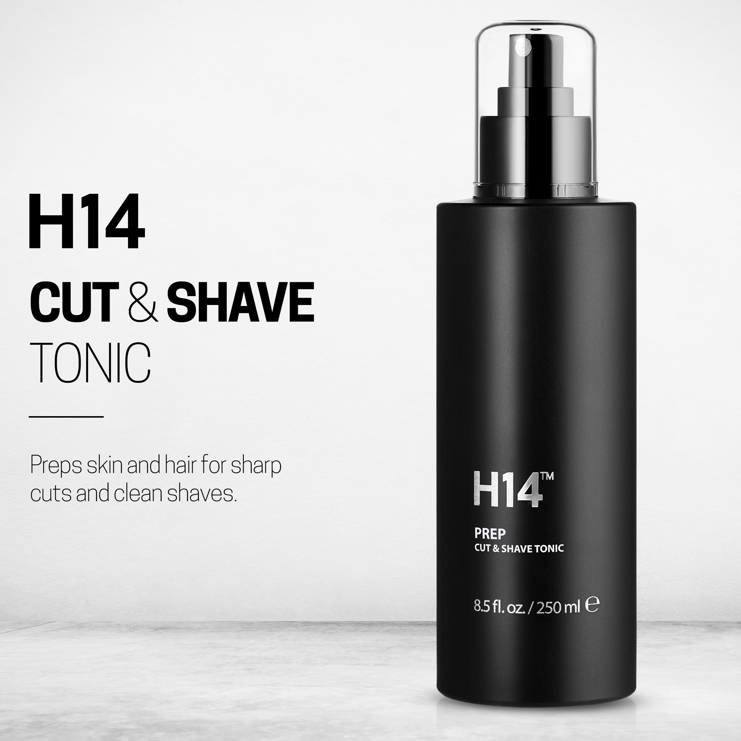 H14 pre shave spray pump bottle showcasing liquid volume and branding