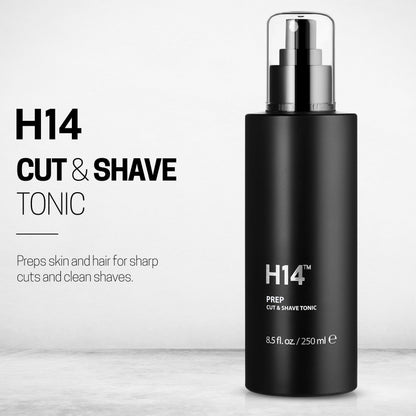 H14 pre shave spray pump bottle showcasing liquid volume and branding
