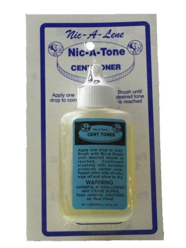 Nic-A-Tone copper coin darkening liquid packaging with safety warnings