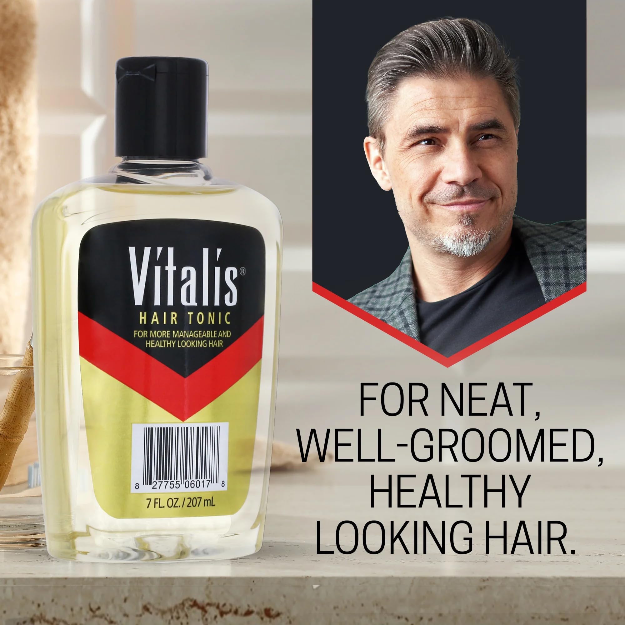 Vitalis men's hair tonic clear bottle with black cap on red and yellow background