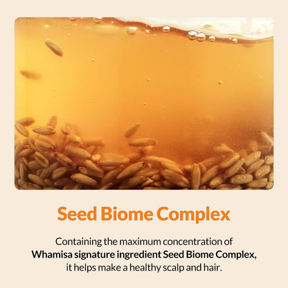 Side view of Whamisa Seed Biome Complex scalp treatment bottle showing clear liquid formula for dry and itchy scalps.