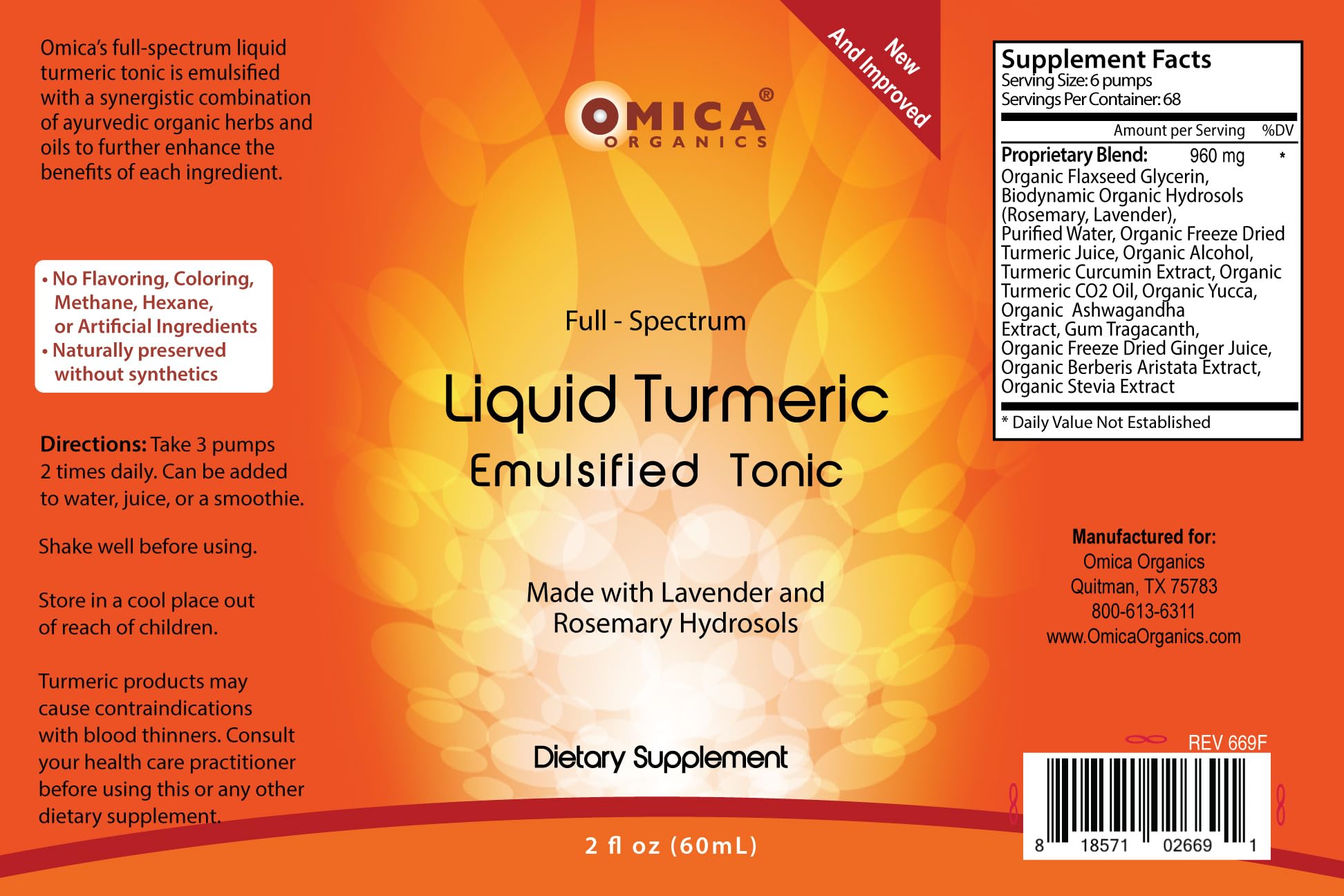 Full spectrum liquid turmeric extract by Omica Organics showcasing the pump dispenser and clean label details.