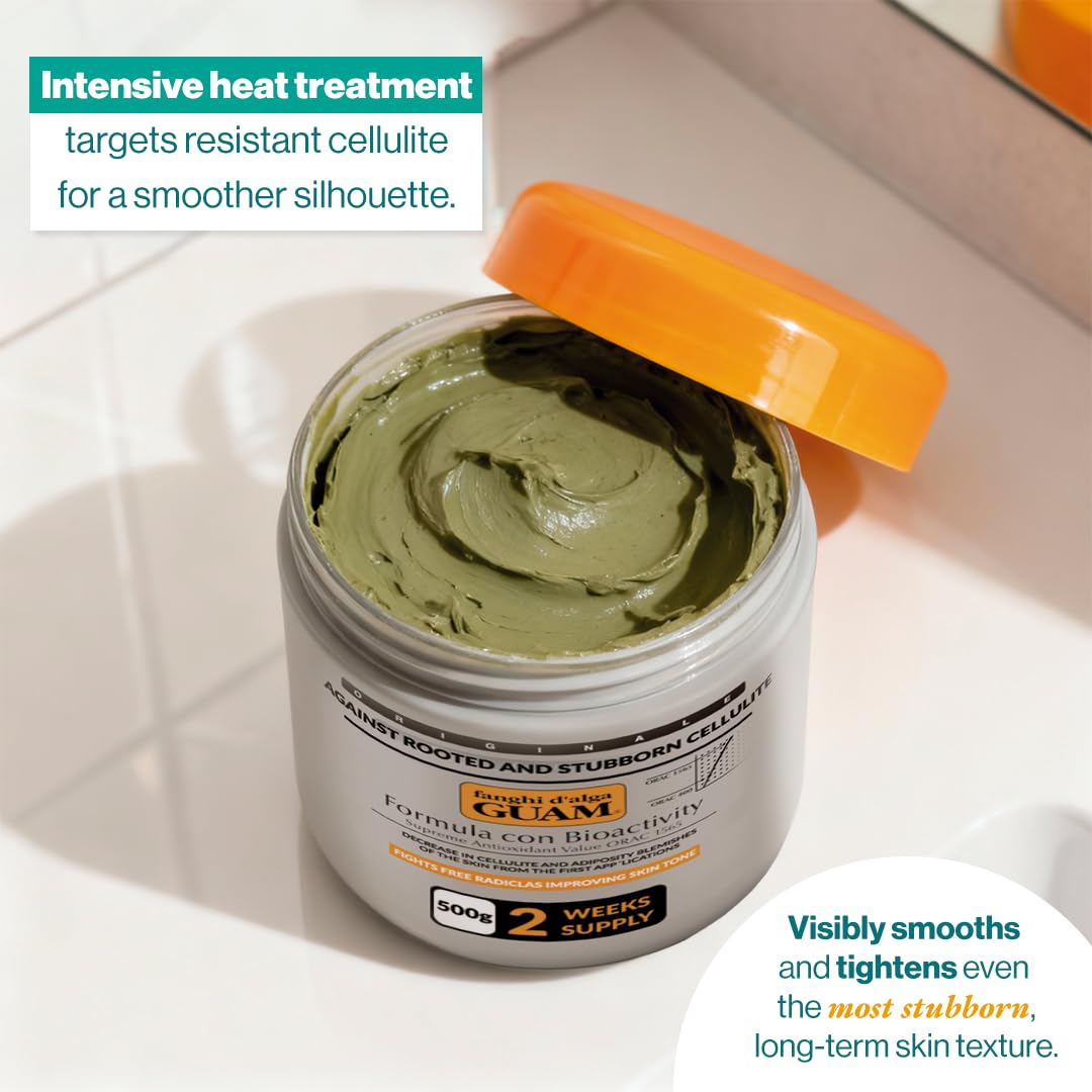 Guam stubborn cellulite treatment jar with packaging box indicating high antioxidant power