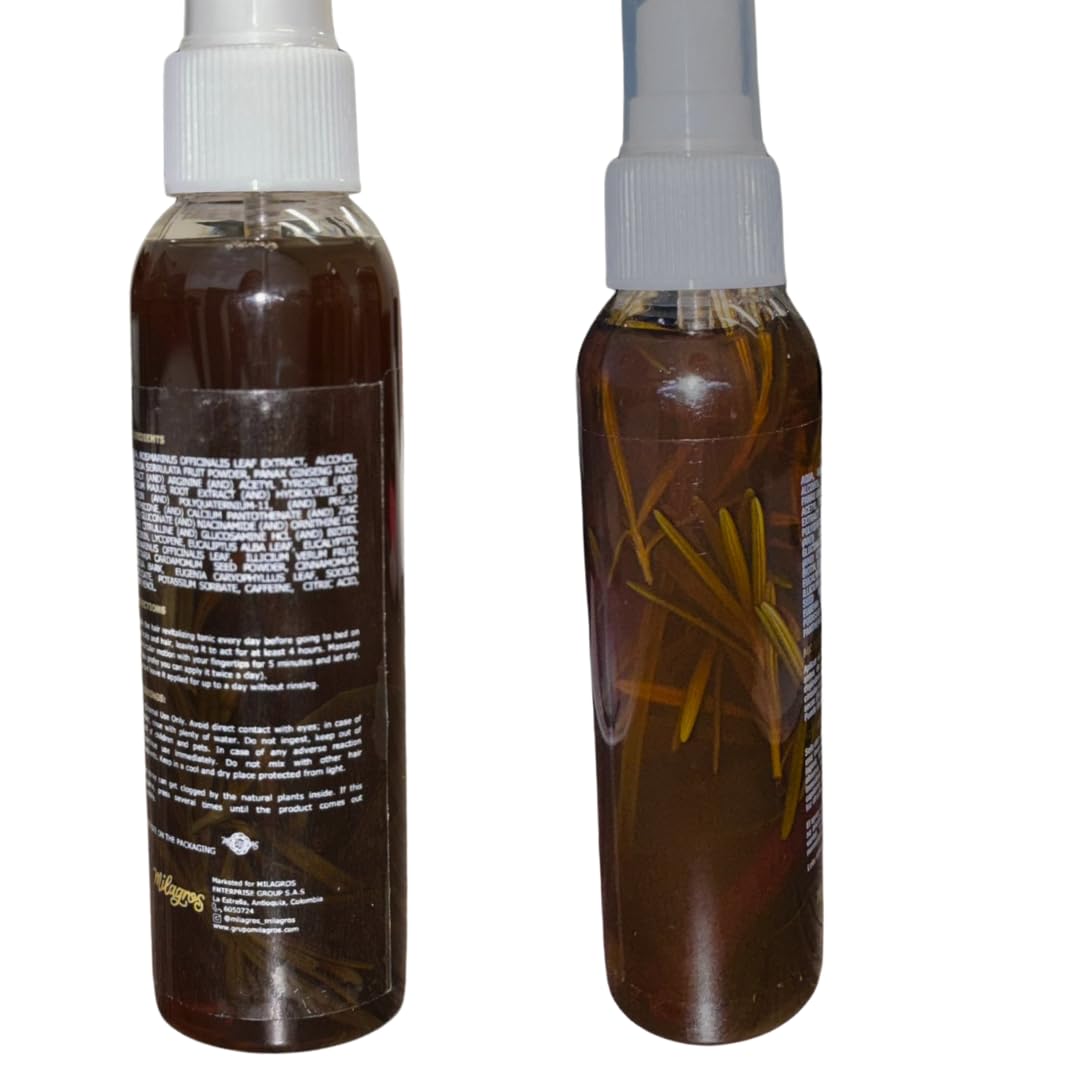 Milagros handcrafted 110ml capilar tonic being sprayed for scalp sebum control