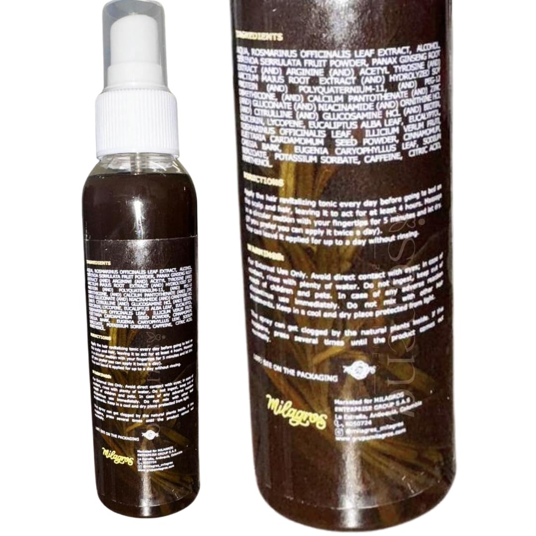 Close up view of Milagros natural hair loss solution liquid texture and packaging