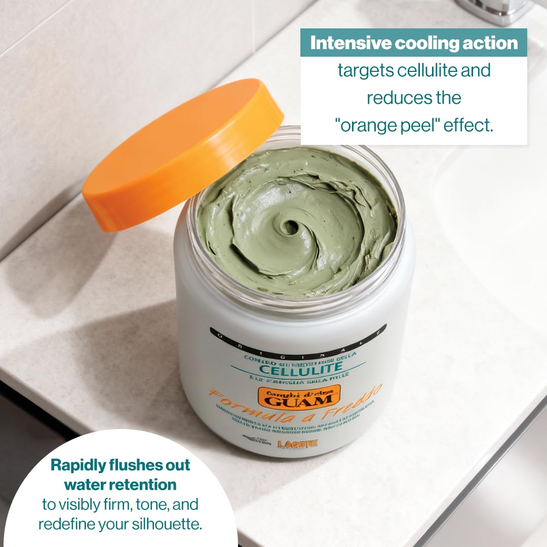 Guam Fanghi d Alga Freddo marine clay container highlighting skin tightening benefits.