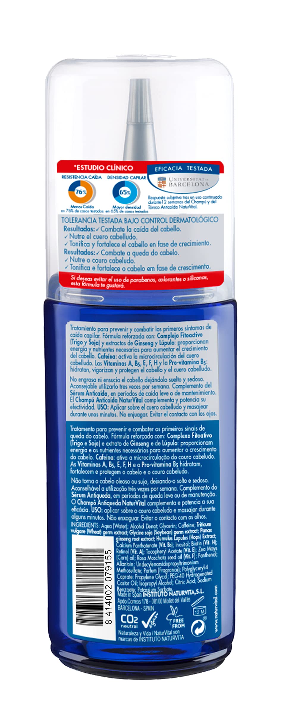 NaturVital Revitalizing and Fortifying Hair Loss Tonic back label showing natural ingredients