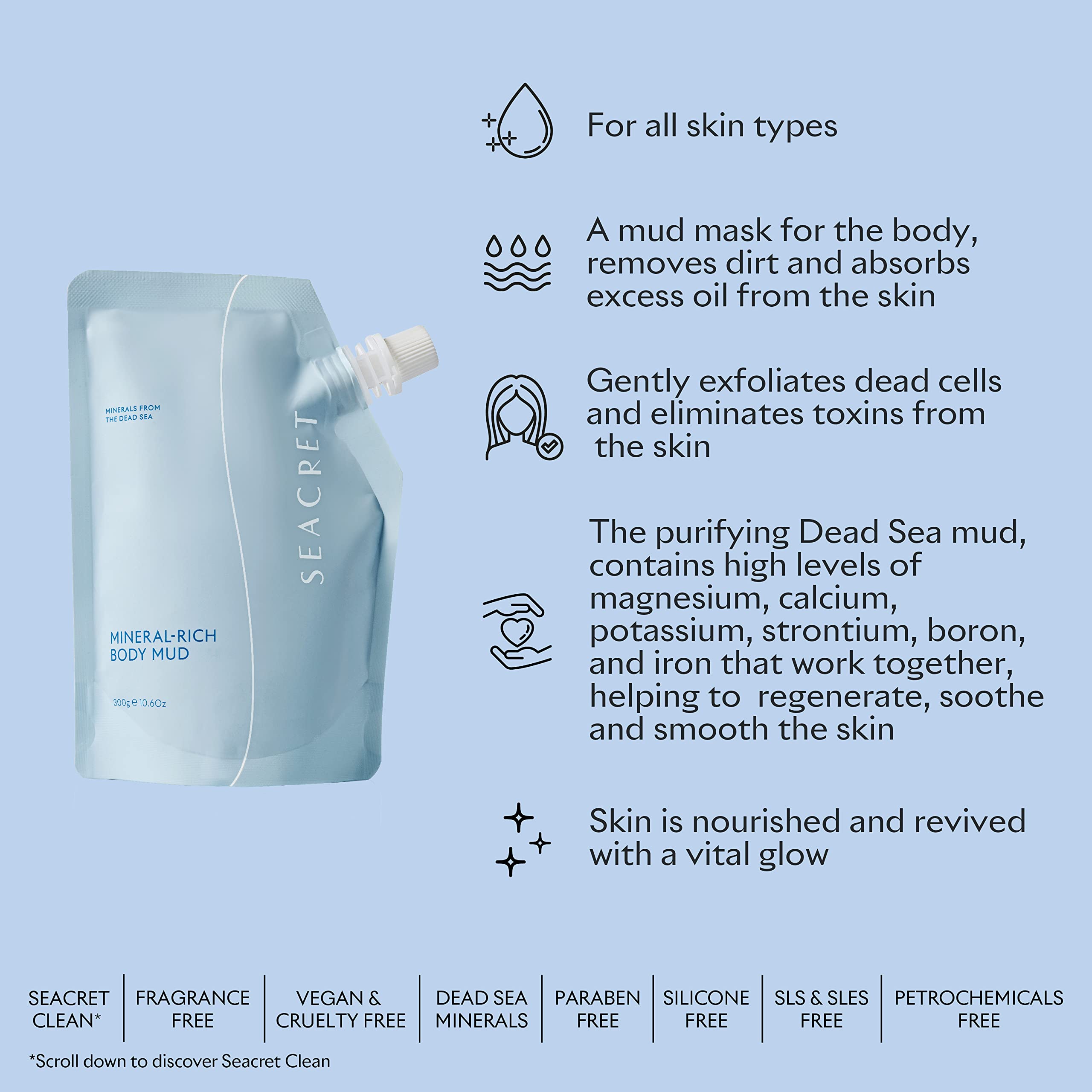Close up of Seacret Dead Sea mud pouch highlighting the paraben free and cruelty free labels