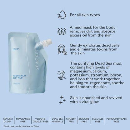 Close up of Seacret Dead Sea mud pouch highlighting the paraben free and cruelty free labels