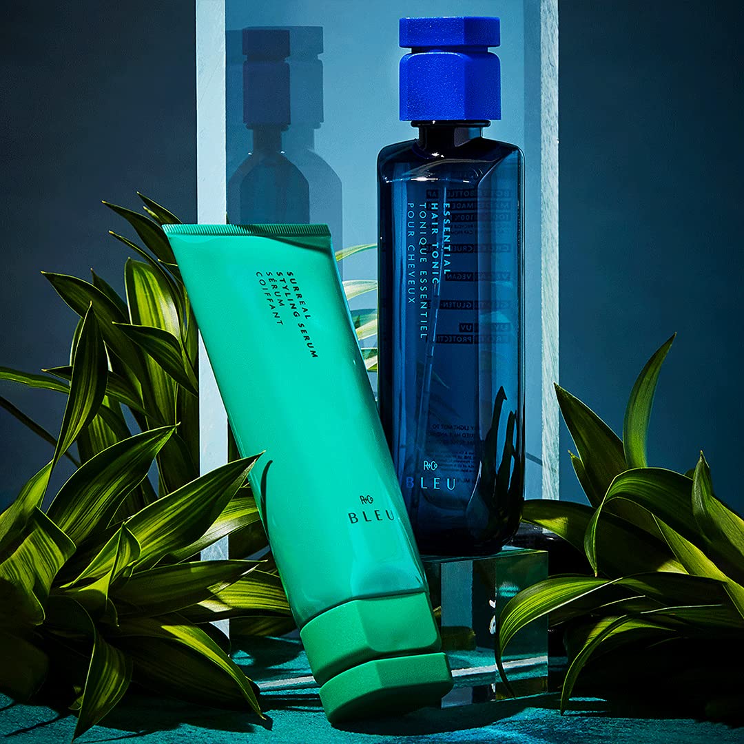 R+Co BLEU premium hair mist geometric blue cap detailing