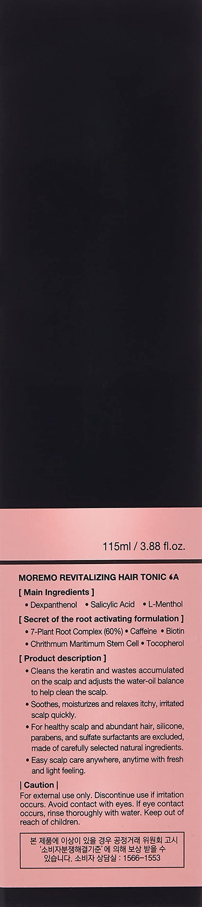 Back label of MOREMO revitalizing hair tonic highlighting root extract ingredients
