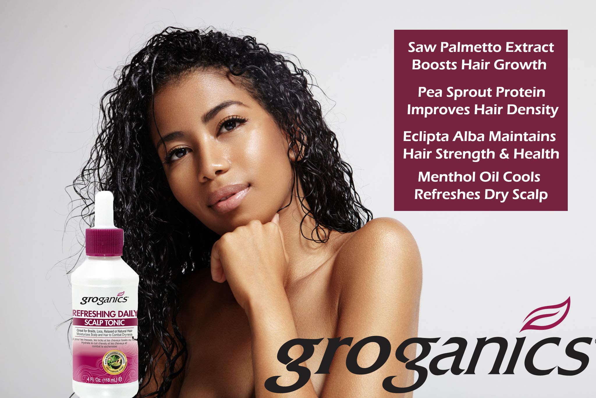 Authentic Groganics hair tonic bottle close up showing ingredients