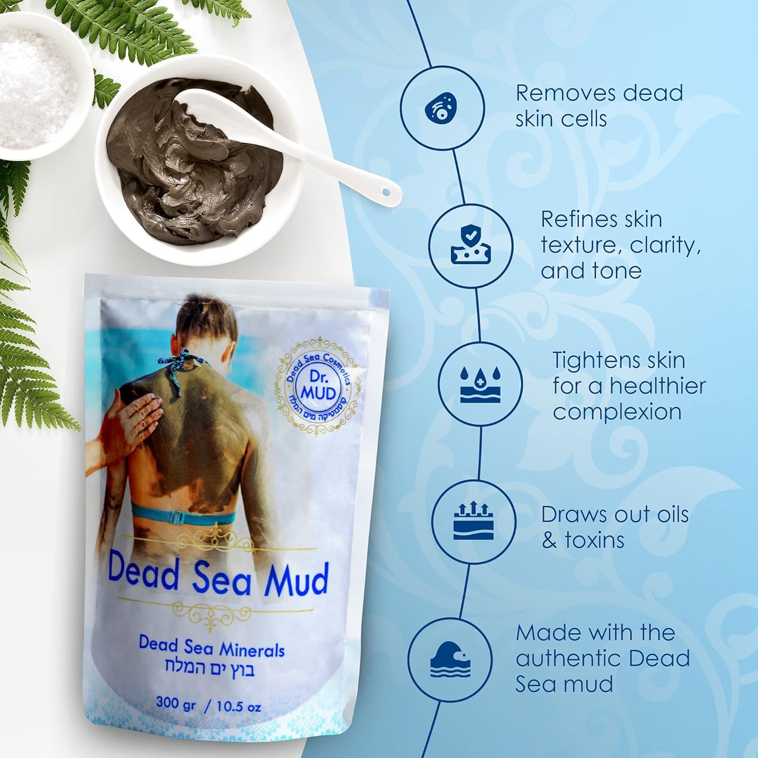 Dr. Mud mud mask tub showing ingredient and usage information