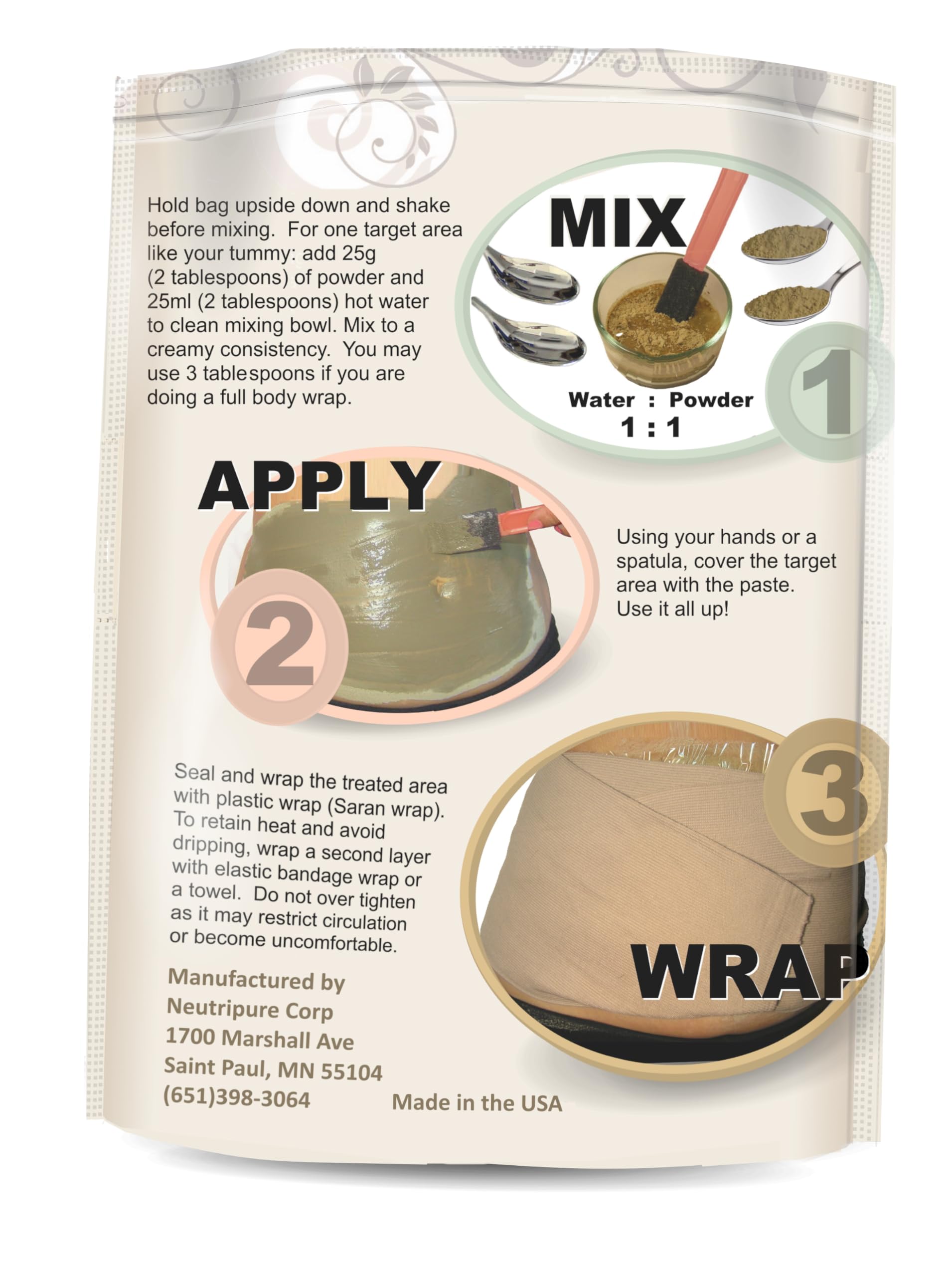 Back label view of Neutripure body wrap showing 100 percent natural ingredients list.