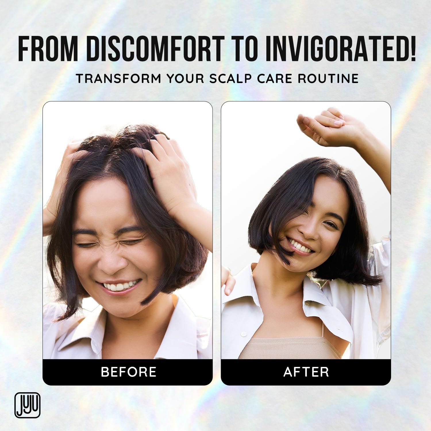 Application of JUJU CHAN Neutro scalp deodorizing spray onto hair roots for freshness